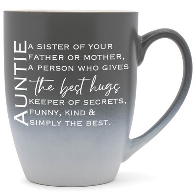 Auntie: Sister Of Your Far Or Mor, Gives Best Hugs Two Toned Matte Grey White 12 ounce Ceramic Stoneware Coffee Cup Mug