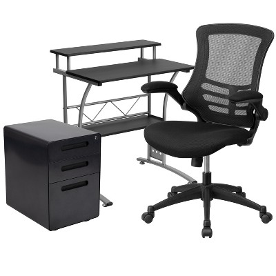 Flash Furniture Work From Home Kit - Black Computer Desk, Ergonomic Mesh Office Chair and Locking Mobile Filing Cabinet with Inset Handles