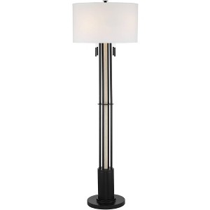 Franklin Iron Works McKinley Industrial Rustic Floor Lamp 73 1/4" Tall Black Faux Wood White Linen Drum Shade for Living Room Bedroom Office House - 1 of 4