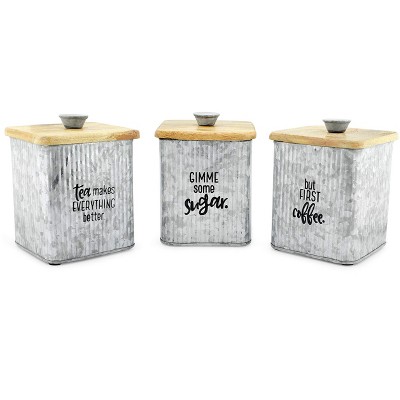 Silver Galvanized and Wood Retro Canister Set, 3-Piece