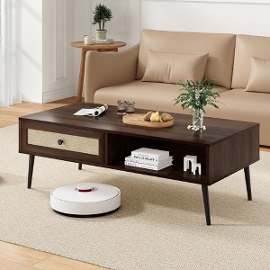 Coffee Table for Living Room,Mid Century Modern Wooden 2-Tier Rectangular Center Table with PVC Rattan Door Drawer - 1 of 4