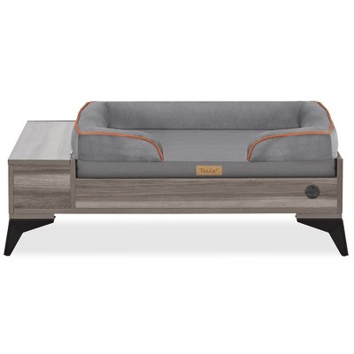 Medium Gray Wooden Elevated Pet Bed with Storage and Water-Resistant Mattress