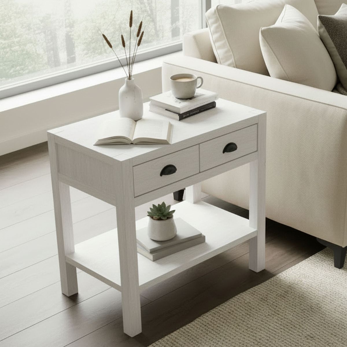 Alaterre Furniture Arden 2-Drawer Nightstand with Open Shelf, Solid Pine Wood, Driftwood White Finish, Metal Drawer Glides, Ideal for Bedroom Storage - thumbnail 2