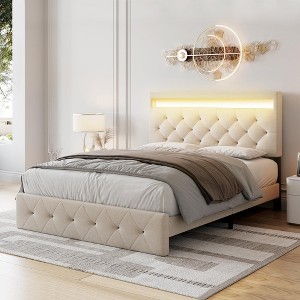 Bed Frame with Storage Headboard, Upholstered Bed Storage Headboard with LED Lights and Charging Station, Heavy Duty Wooden Slats, Easy Assembly - 1 of 4
