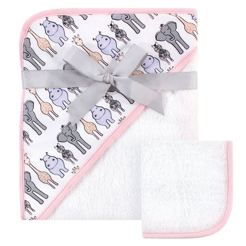 Hudson Baby Infant Girl Cotton Hooded Towel and Washcloth 2pc Set, Pink Safari, One Size, 1 of 5