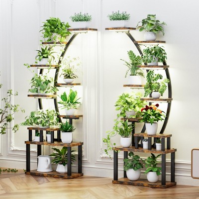 INFURNIC Planter Stands and Holders 9 Tier Metal Plant Shelf 2PCS with Large Display Rack and Storage for Home Patio, Brown, 52"*10.2"*68.5"