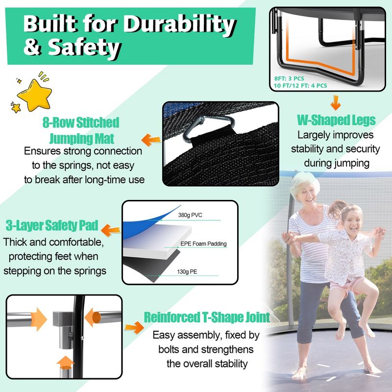 Costway 12FT Outdoor Large Recreational Trampoline w/ Ladder Enclosure Net Safety Pad, 3 of 11