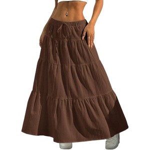 Women's Boho Maxi Skirt - Ruffle Hem A-Line with Elastic Waist & Tiered Layers Brown - 1 of 4