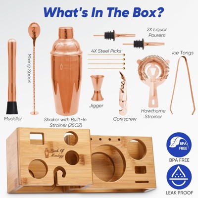 Rose Gold Stainless Steel Bartender Kit with Bamboo Stand