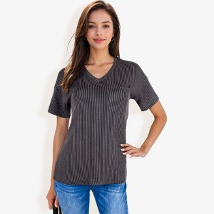 Anna-Kaci Women's Ribbed Knit Top with V-Neck, Short Sleeves, Front Pocket, Loose Fit Casual Blouse - 1 of 4