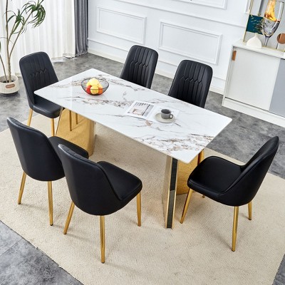 NicBex 5 PCS/7 PCS Cold Jade Patterned Sintered Stone Dining Table Set with 4/6 Vertical Line Design Back PU Chairs for Kitchen/Apartment