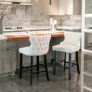 Mshliw Set of 2 Velvet Upholstered Wing-Back Barstools with Button Tufting, Chrome Nailhead Trim, and Wooden Legs for Kitchen and Home Bar - 1 of 4