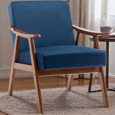Blue upholstered accent chair with wooden arms in living room