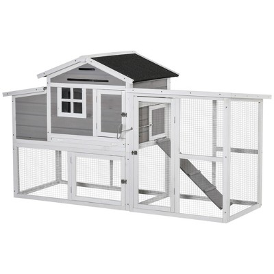 PawHut 76" Wooden Chicken Coop, Outdoor Chicken House Poultry Hen Cage with Outdoor Run, Nesting Box, Removable Tray and Lockable Doors, Gray