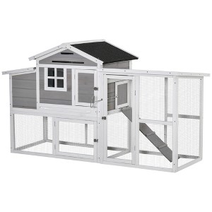 PawHut 76" Wooden Chicken Coop, Outdoor Chicken House Poultry Hen Cage with Outdoor Run, Nesting Box, Removable Tray and Lockable Doors, Gray - 1 of 4