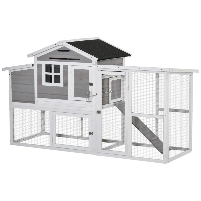 PawHut 76" Wooden Chicken Coop, Outdoor Chicken House Poultry Hen Cage with Outdoor Run, Nesting Box, Removable Tray and Lockable Doors, Gray, 1 of 7