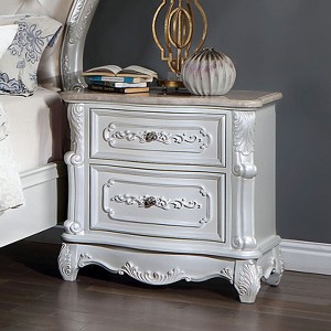 Gulches Traditional Pearl White Nightstand Genuine Marble Top, Resin Carvings, Mirror Drawers, Felt-Lined Drawer - 1 of 4