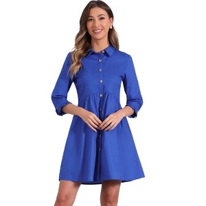 INSPIRE CHIC Women's 3/4 Sleeve Button Front Solid Color Flare Mini Shirt Dress - 1 of 4