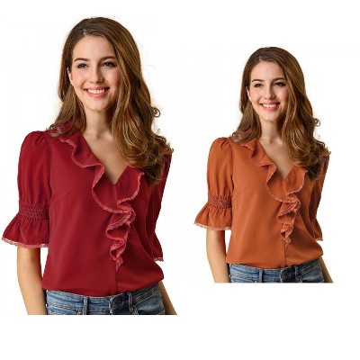 Allegra K Women's Ruffle V Neck Puff Sleeve Summer Casual Chiffon Peasant Top 2 Packs