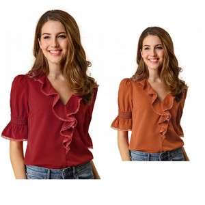 Allegra K Women's Ruffle V Neck Puff Sleeve Summer Casual Chiffon Peasant Top 2 Packs - 1 of 4
