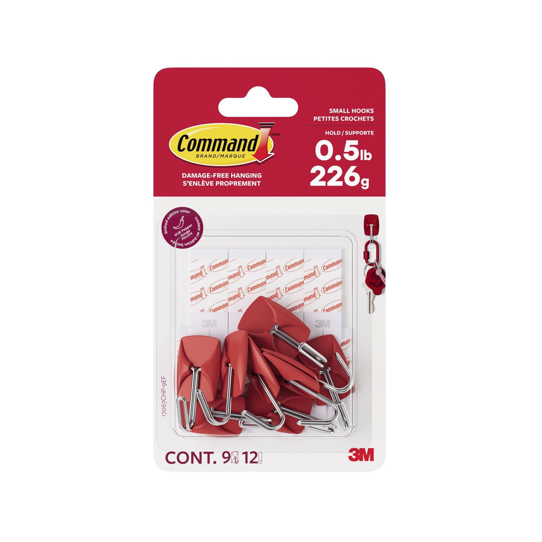 Command 9pk Damage-Free Hanging Small Wire Hooks with 12 Adhesive Strips Chili Pepper