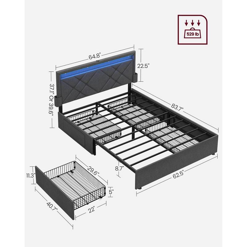 VASAGLE LED Bed Frame Queen/Full/Twin Size with Headboard and 4 Drawers, 1 USB Port and 1 Type C Port, Adjustable Upholstered Headboard, Grey, 5 of 7
