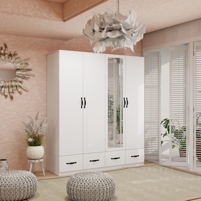 White Wood Armoire with Mirror, 4 Drawers, and Shelves