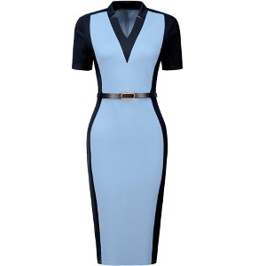 Hobemty Women's Contrast Color V Neck Short Sleeve Office Pencil Sheath Dresses - 1 of 4
