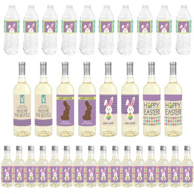 Big Dot of Happiness Hippity Hoppity - Mini Wine Labels, Wine Labels, & Water Bottle Labels - Easter Bunny Party Decor - Beverage Bar Kit - 34 Pieces