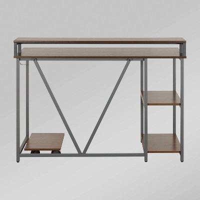 Modern Industrial Walnut Writing Desk with Steel Frame and CPU Caddy