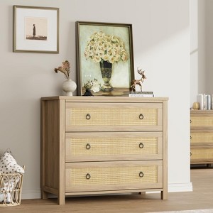 Rattan 3 Dresser for Bedroom, 29" Boho Tall Drawer Dresser with Storage, Wooden Closet Dressers Chest of Drawers Freestanding for Home, Natural - 1 of 4