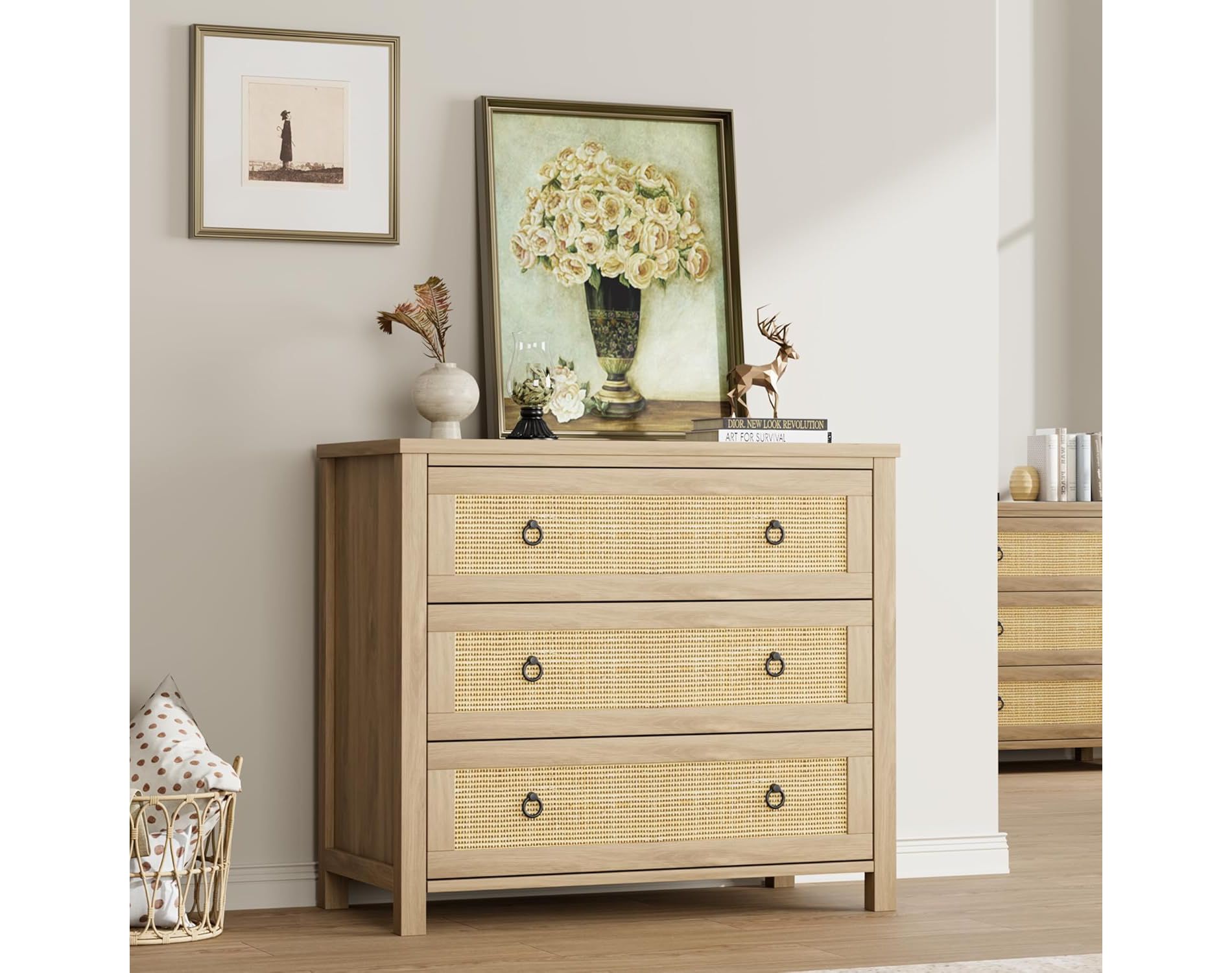 Rattan 3 Dresser for Bedroom, 29" Boho Tall Drawer Dresser with Storage, Wooden Closet Dressers Chest of Drawers Freestanding for Home, Natural
