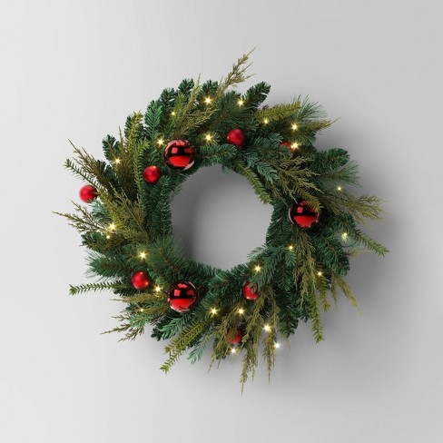 28" Pre-lit Decorated Mixed Greenery Artificial Christmas Wreath Green with Warm White LED Lights - Wondershop™: Indoor/Outdoor - image 1 of 4