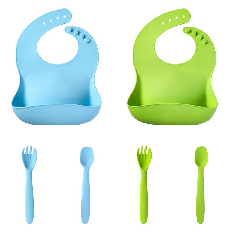 Set of 2 Silicone Baby Bibs for Babies & Toddlers, Baby Training Cutlery with Adjustable Bib Soft Spoon Fork, 2 of 14