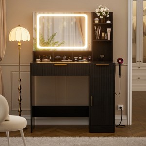 Aheaplus Vanity Desk with Mirror and Lights, Wooden Makeup Vanity Desk with Drawers and Charging Station - 1 of 4