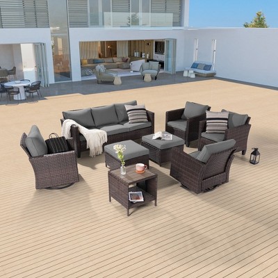 Sonkuki 8-Piece Patio Conversation Set with Swivel Rocking Chair and Side Table, Navy Blue Cushion