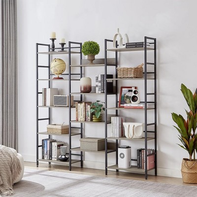 GustoWave Triple Column 5 Tier Bookshelf,Tall Display Shelves, Adjustable Rustic Industrial Style Book Shelves, Modern Bookshelves, Vintage