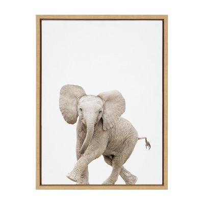 Natural Baby Elephant Walk Canvas Print with Light Wood Frame