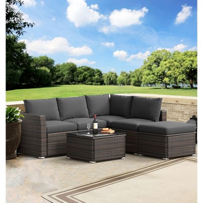 ELJGET 4 Piece Patio Furniture Set for 5 Person, Outdoor Sectional Sofa PE Rattan Conversation Set with Table & Thickened Cushions
