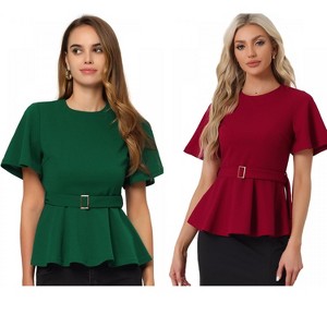 INSPIRE CHIC Women's Round Neck Flutter Sleeve Belted Waist Office Peplum Blouse 2 Packs - 1 of 4