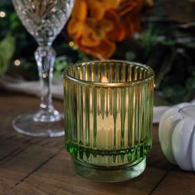 Set of 6 Green Ribbed Glass Votive Candle Holders