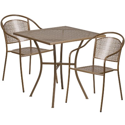 Flash Furniture Oia Commercial Grade 28" Square Gold Indoor-Outdoor Steel Patio Table Set with 2 Round Back Chairs