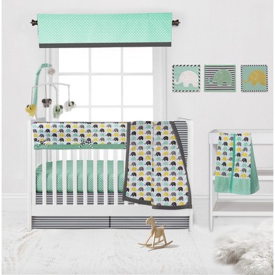 Bacati - Elephants Mint/Yellow/Gray 10 pc Crib Bedding Set with Long Rail Guard Cover