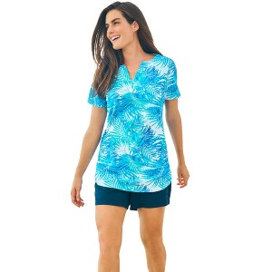 Swim 365 Women's Plus Size Split-Neck Short Sleeve Swim Tee With Built-In Bra - 1 of 4