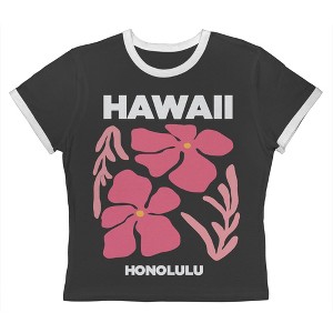 Rerun Island Women's Hawaii Hibiscus Pink Short Sleeve Graphic Cotton Retro Vintage Ranger Baby Tee - Caviar White M - 1 of 4
