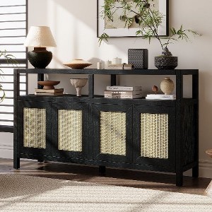 PAGED Bohemian Rattan Storage Cabinet with Adjustable Shelves, Push-to-Open Sideboard Cabinet, Ash Veneer Buffet Cabinet, Pantry Cabinet - 1 of 4
