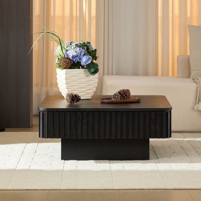 Modern 35" Wood Lift Top Coffee Table with Hidden Storage, Square Drum MDF Wood Veneer Coffee Table for Living Room Bedroom - Coolbibila
