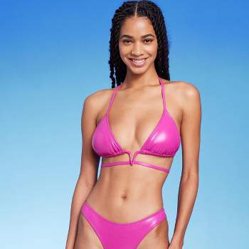 Women's Flower Charm Lurex Plisse Textured Triangle Bikini Top - Wild Fable Pink S