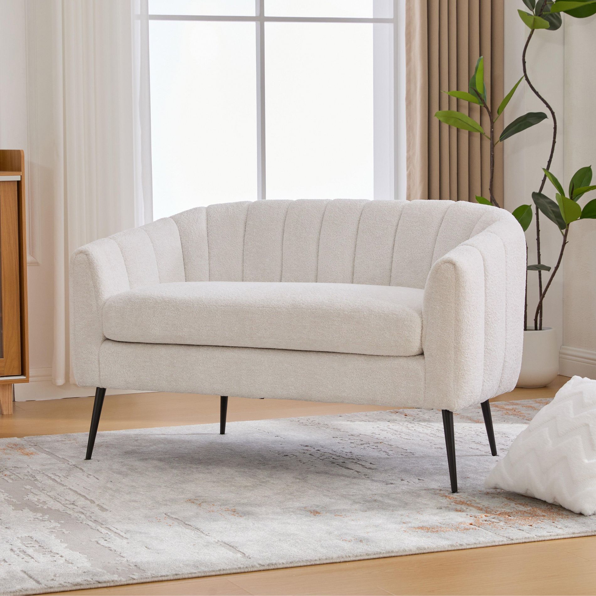 Hrinhom 50.1'' W Upholstered Chenille Mini Loveseat Accent Couch with Metal Legs-IVORY