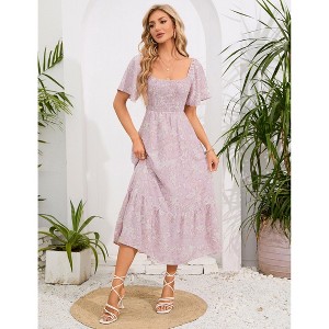 Clearlove Women's 2025 Spring Summer Boho Midi Dress Flutter Sleeve Square Neck Flowy Smocked Tiered Party Ruffle Dress - 1 of 4
